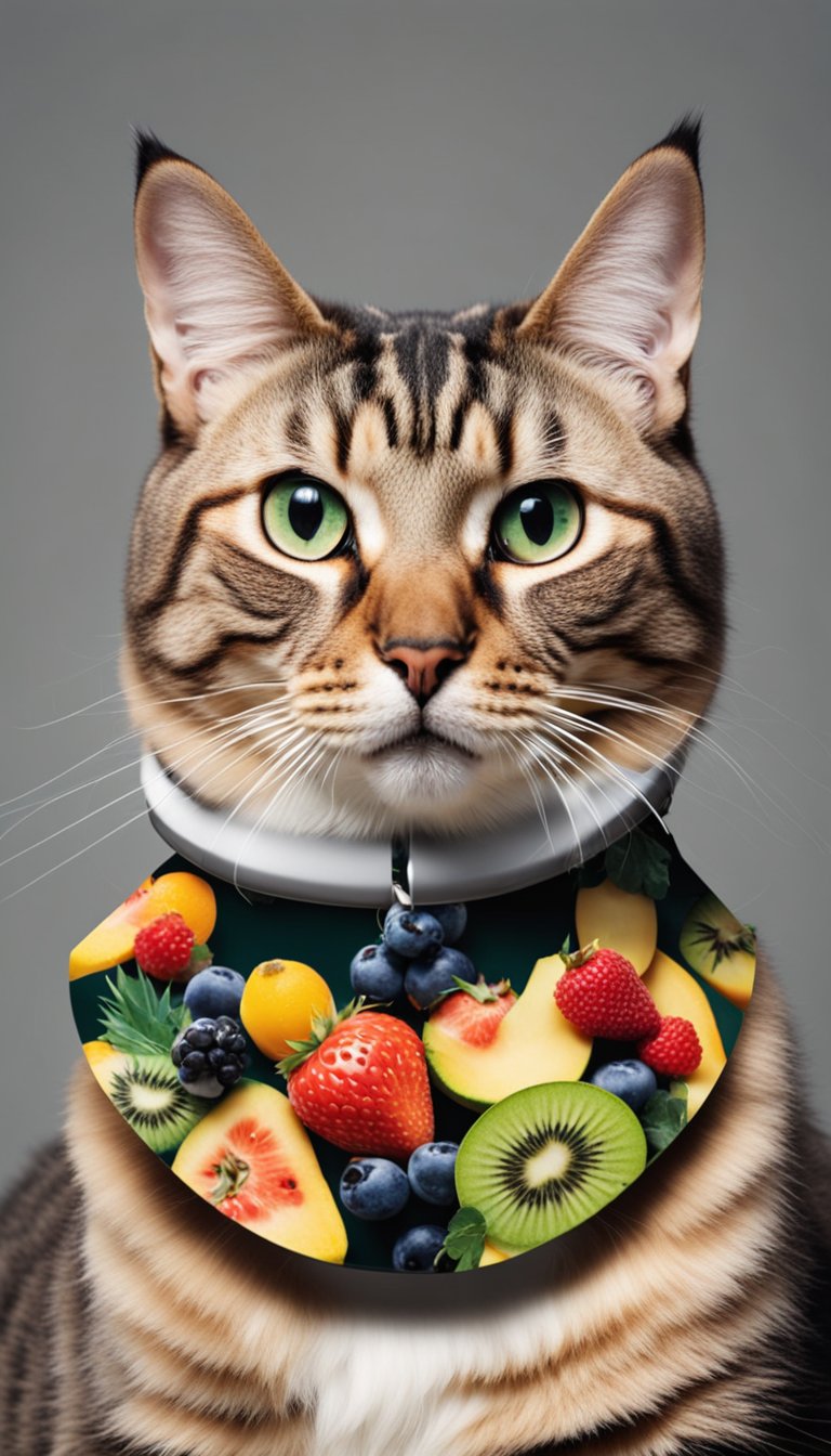 A cat wearing a personalized DIY collar with a cute fruit print design