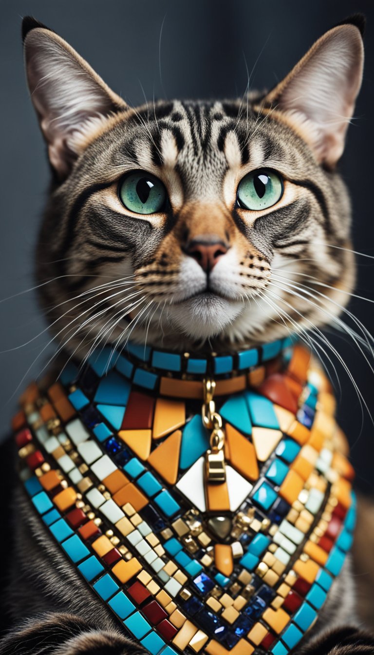 A colorful mosaic collar adorned with personalized details, designed for a stylish and unique cat accessory