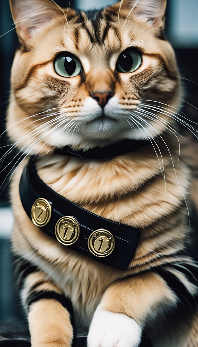 A cat wearing a personalized embossed collar with the number 71. The collar is DIY and features a unique design