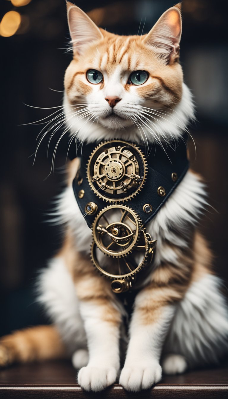 A cat wearing a personalized DIY steampunk gear collar, with intricate metal details and gears, adding a unique and stylish touch to the feline's appearance