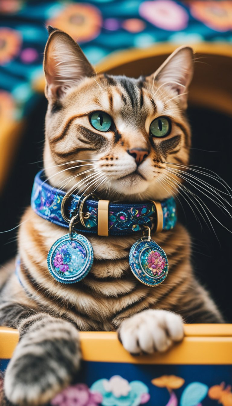 A cat wearing a personalized DIY collar with a hand-painted design, featuring vibrant colors and unique patterns