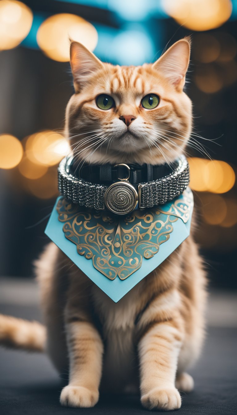 A cat wearing a personalized DIY collar with a swirl pattern design