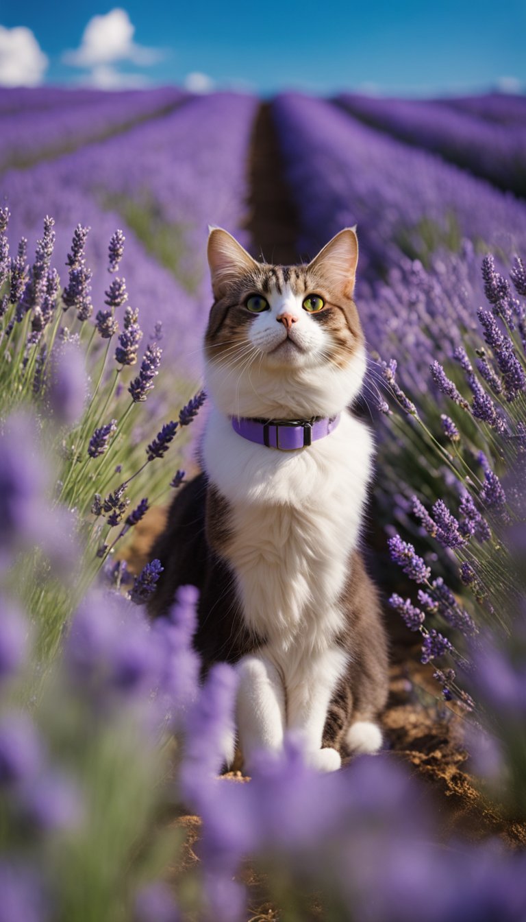 A cat wearing a Lavender Fields Collar 71, surrounded by blooming lavender fields under a clear blue sky