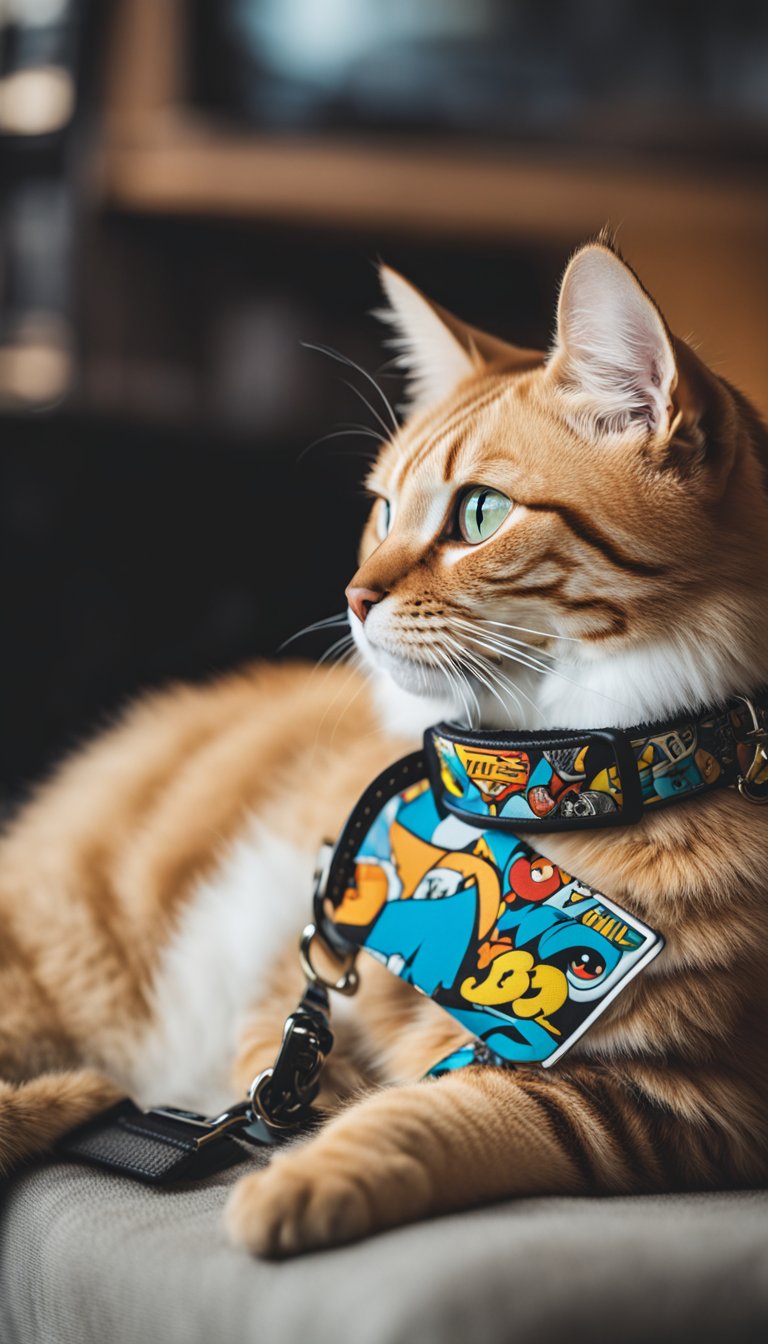 A vintage comic-themed cat collar with customizable DIY options, featuring bold colors and retro graphics