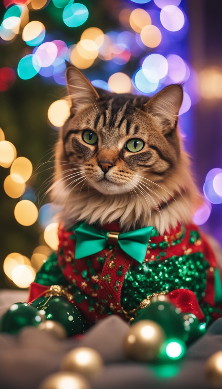 A festive cat wearing a personalized DIY collar with "Holiday Cheer" design. Bright colors and playful patterns