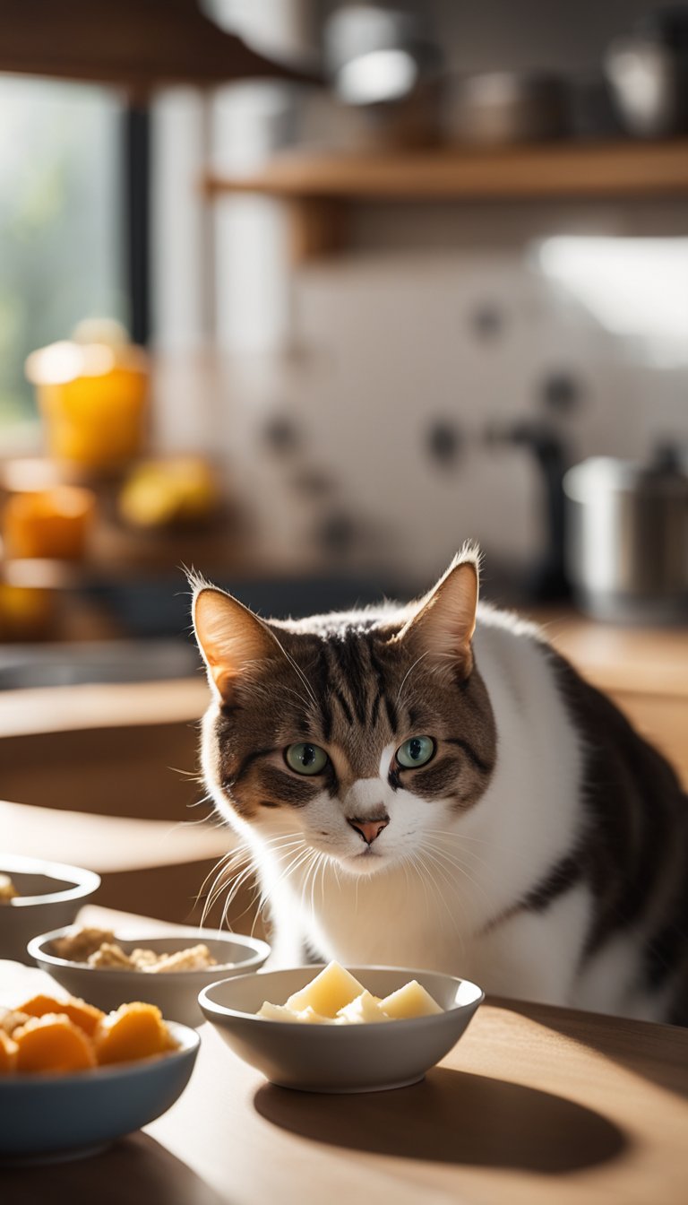 A cat eagerly devours homemade yogurt and fruit bites cat treats in a cozy kitchen setting