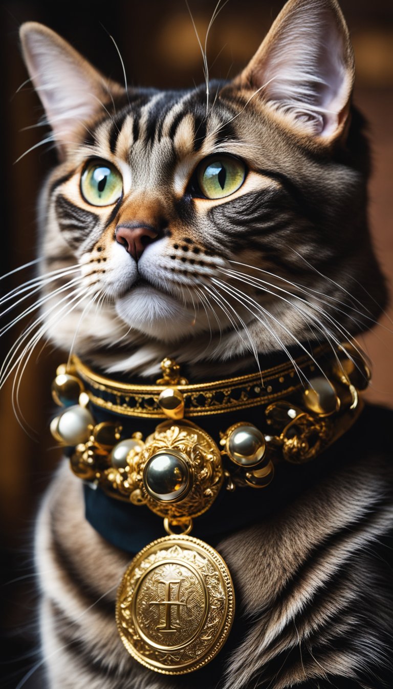 A regal cat wearing a personalized DIY collar with royal gold trim and a distinctive 71 design