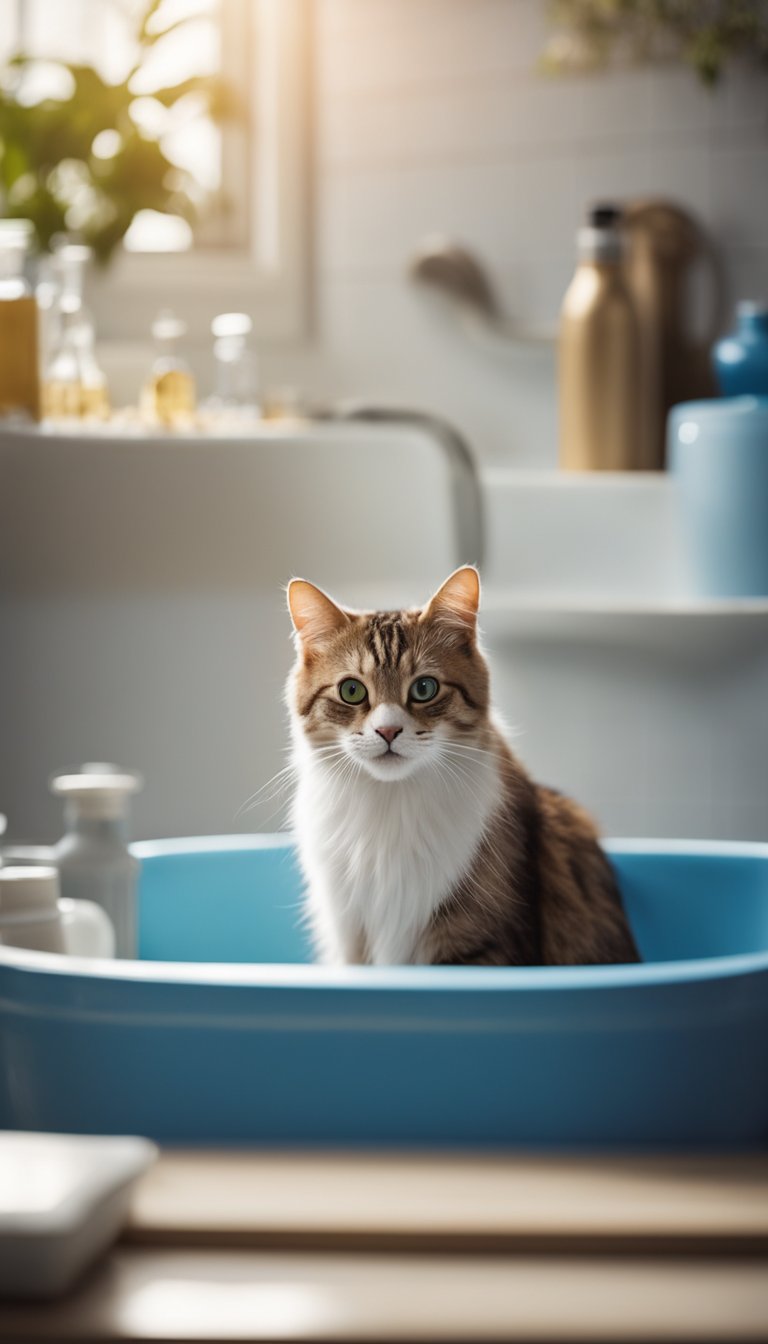 A cat sits in a bathtub, surrounded by bottles of oatmeal and baking soda. A gentle stream of water flows as the cat's fur glistens with homemade shampoo