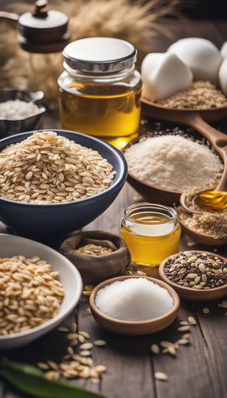 A table with various ingredients like oatmeal, coconut oil, and essential oils. A mixing bowl and whisk sit beside them, ready to create homemade cat shampoo