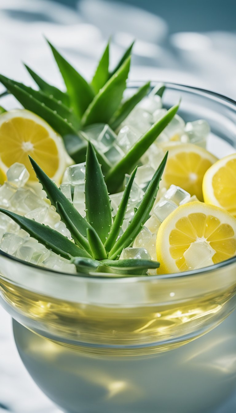 A clear glass bowl contains a mixture of Aloe Vera and Baby Shampoo, surrounded by various ingredients like coconut oil and lavender oil