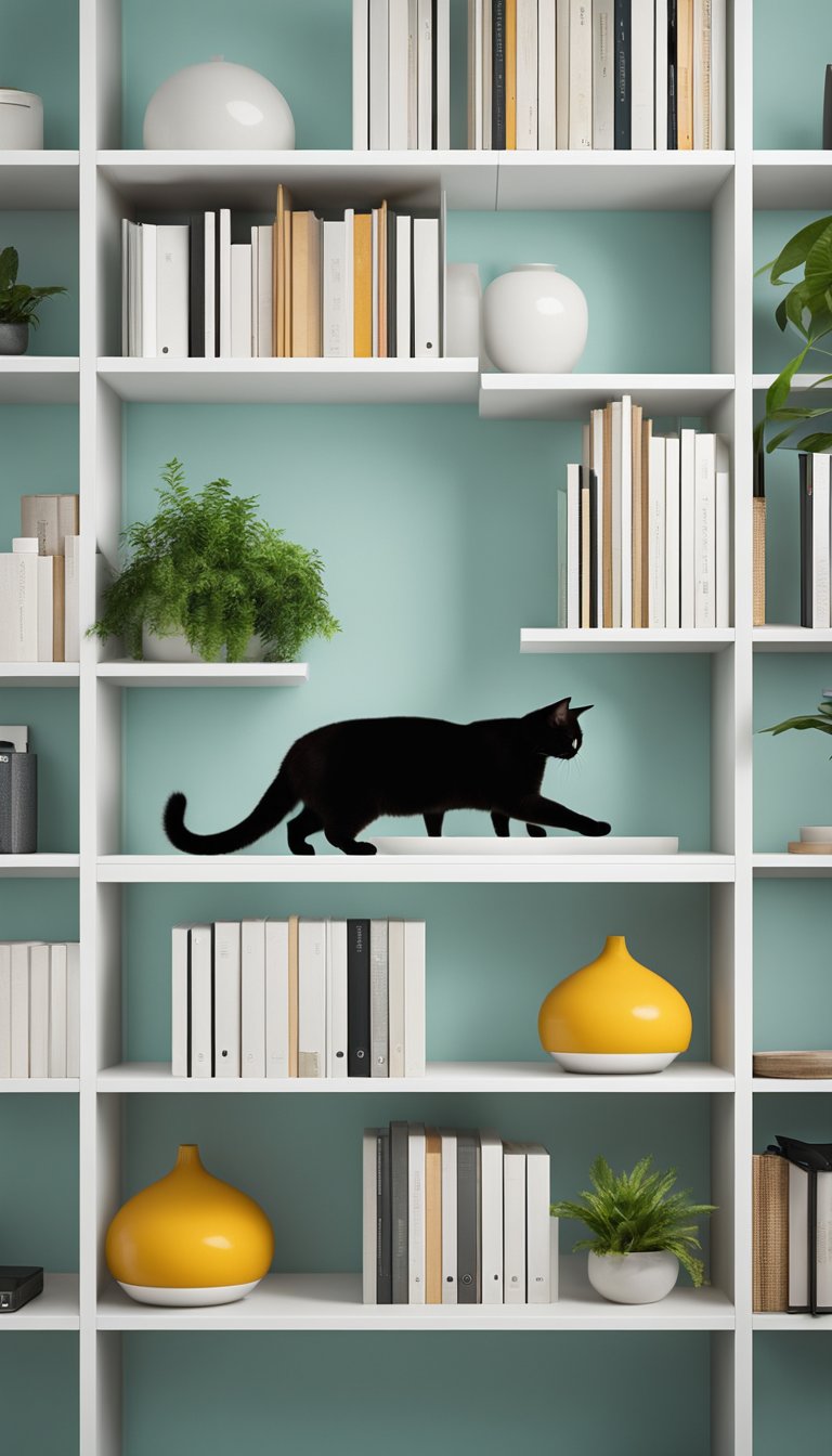 A sleek, modern bookshelf with built-in feeding stations for cats. Clean lines, minimalist design, and a pop of color