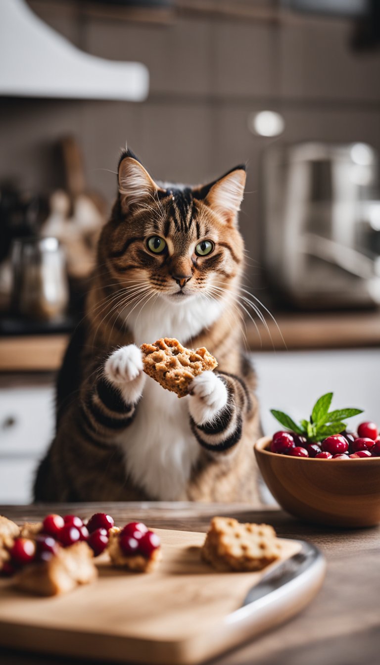 A cat eagerly snacking on homemade chicken and cranberry treats in a cozy kitchen setting