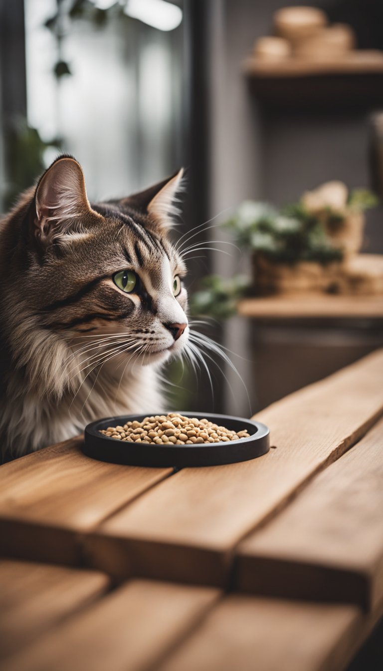 A wooden feeding station with rustic design, featuring a DIY cat feeder