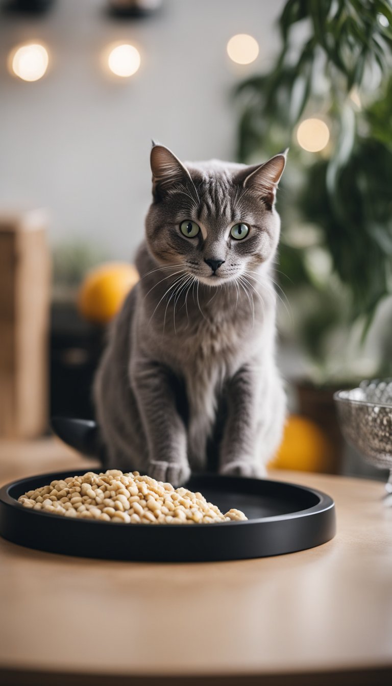 A cat feeding station with a personalized name plaque bowl