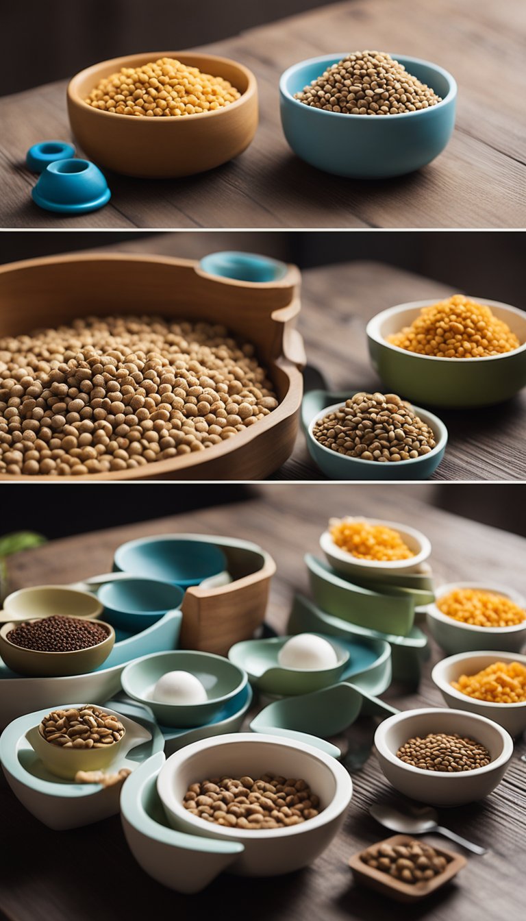 Several ceramic bowls arranged on a wooden station, each filled with cat food and water. A playful cat toy sits nearby