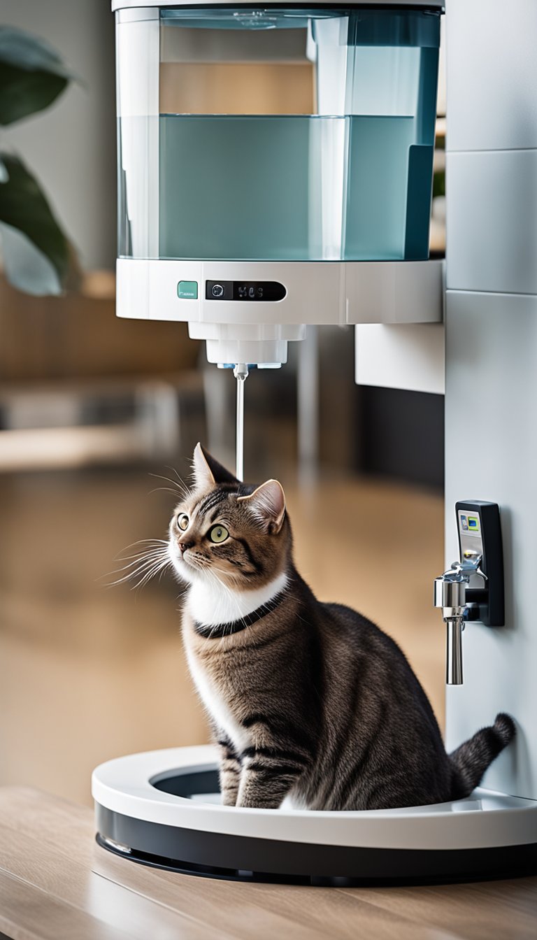 A cat approaches a sleek, modern water dispenser connected to a DIY feeding station. The dispenser's sensor activates, releasing a stream of water into the waiting bowl