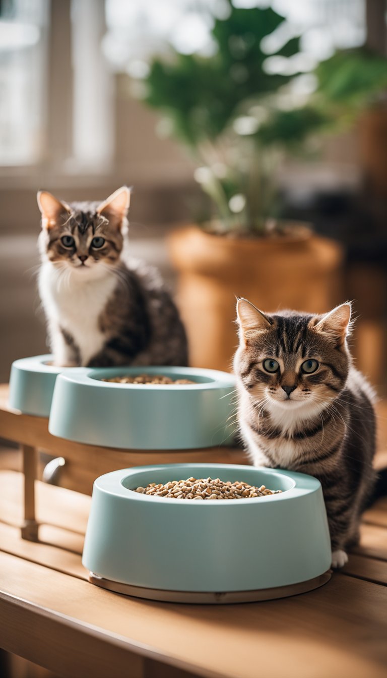 A PVC pipe elevated feeder with two bowls, mounted on a wooden platform, surrounded by playful cats