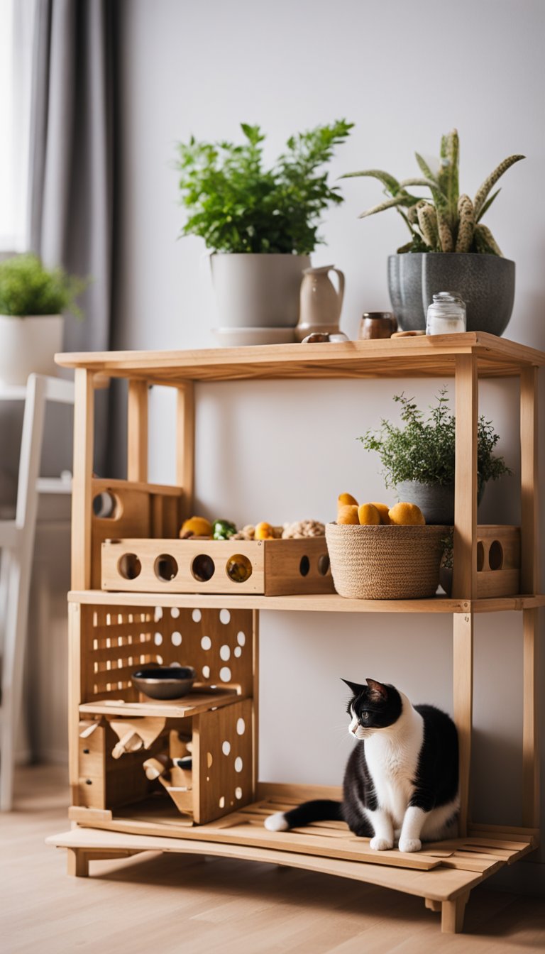 A wooden wine crate converted into a cat feeding station, with bowls and toys inside, placed in a cozy corner of a room