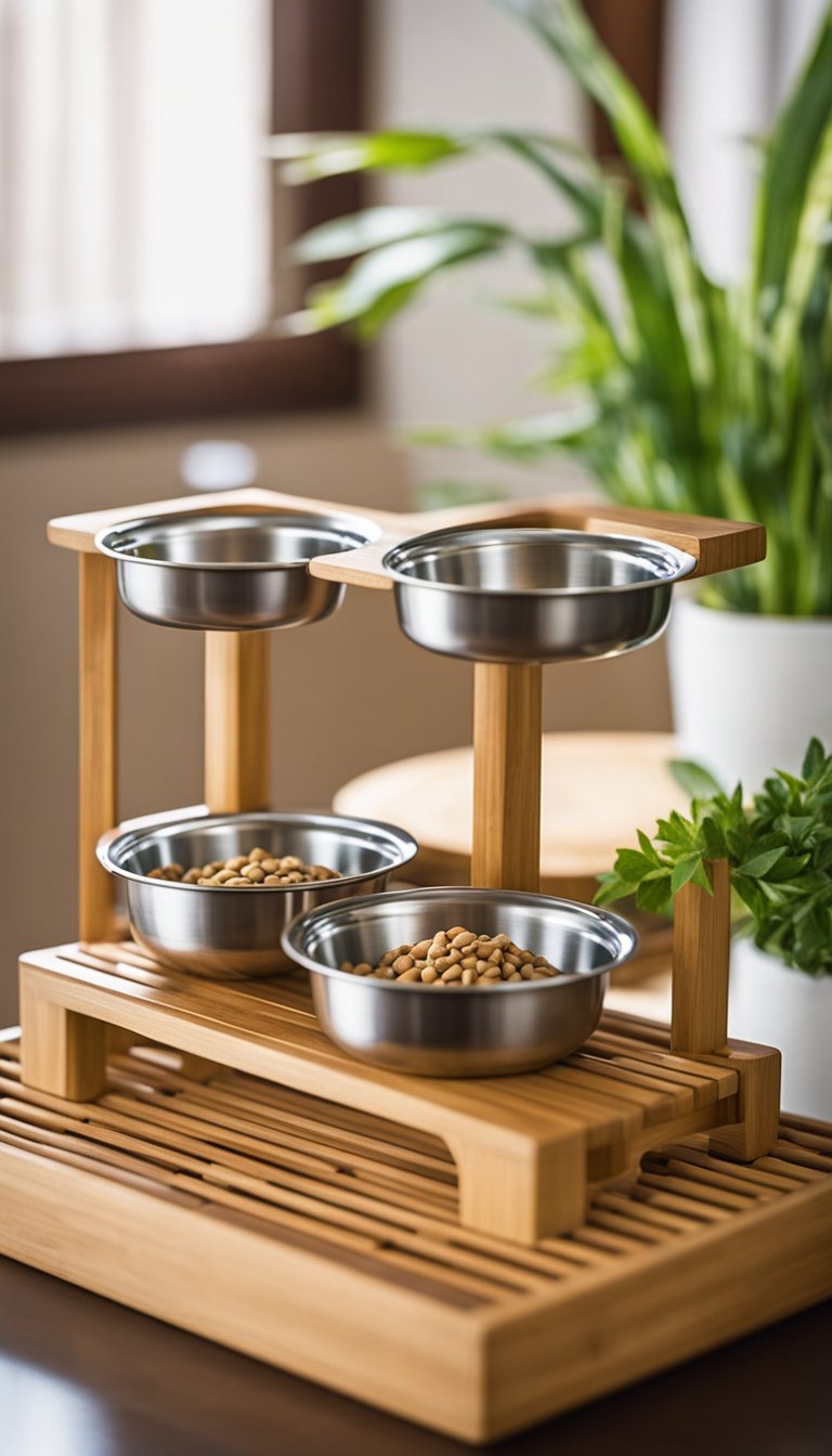 A bamboo bowl stand, tilted at a 45-degree angle, holds two cat food bowls. A DIY cat feeding station