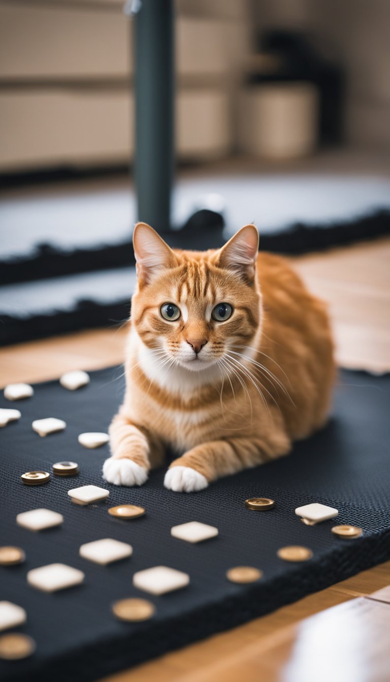 A cat sits on a waterproof mat, surrounded by DIY feeding stations with magnetic attachments