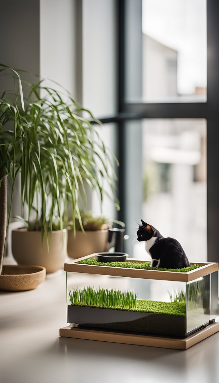 A sleek, modern cat feeding station with a built-in cat grass planter, featuring clean lines and minimalist design