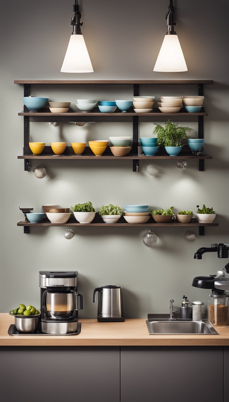 A wall-mounted feeding station with multiple bowls and a shelf for storage