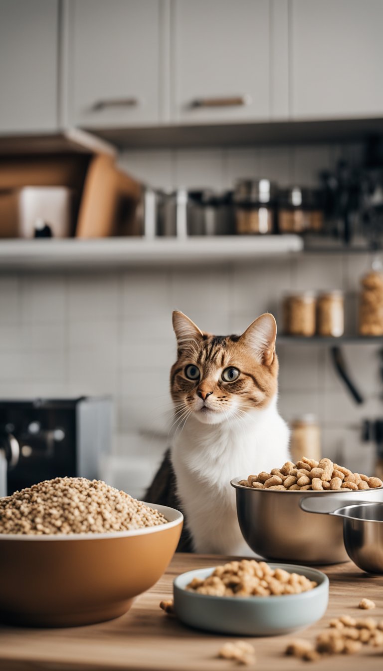 A cozy kitchen with ingredients laid out on the counter, a mixing bowl, and a cat eagerly watching as homemade cat treats are being prepared