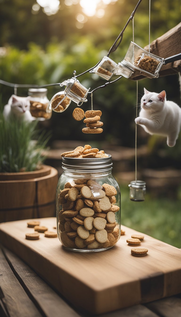 A mason jar filled with cat treats hangs from a wooden DIY feeding station. Cats gather around, eagerly waiting for their treats to be dispensed