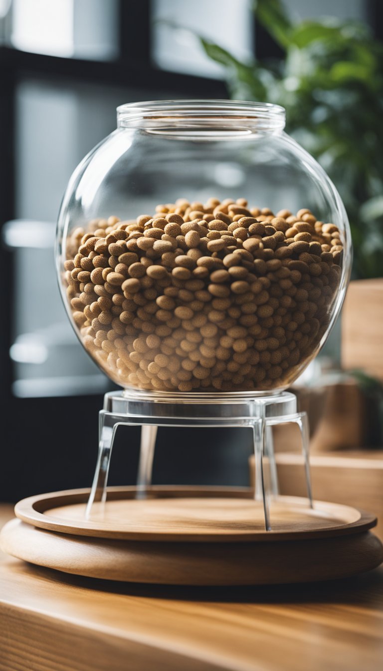 A glass fishbowl sits atop a wooden platform, filled with cat food. A cat approaches, ready to eat from the DIY feeding station