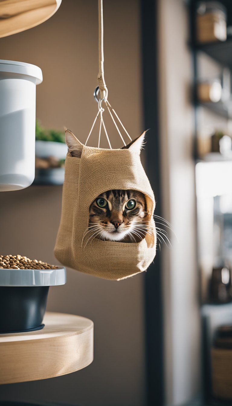 A burlap sack storage feeder hangs on a wall, filled with cat food. A cat approaches, eager to eat from the DIY feeding station