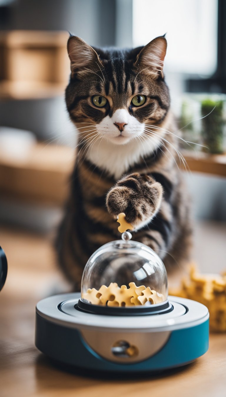 A cat interacts with a rotating puzzle feeder at a DIY feeding station