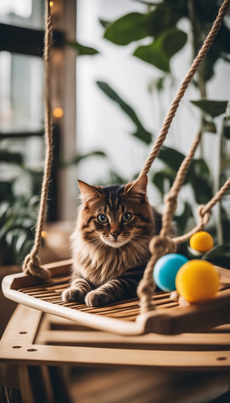 A wooden platform with a suspended rope feeder attached, surrounded by cat toys and a cozy bed