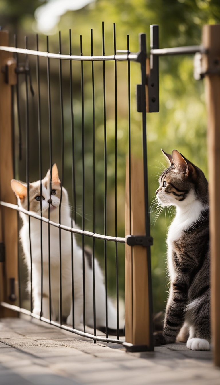 Seven cats playfully interact with various homemade gates, each designed to accommodate their size and agility. The gates range from simple wooden barriers to intricate climbing structures, providing a variety of options for the feline friends