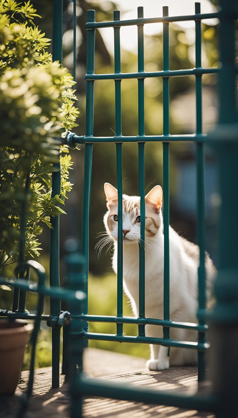 A PVC pipe frame gate stands in a garden, with a cat peeking through the bars