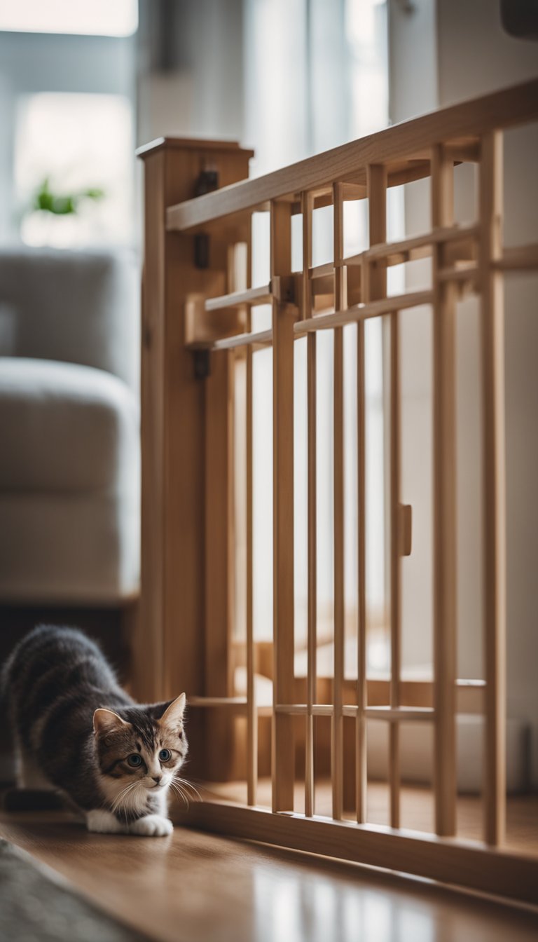 A wooden baby gate with a small cat door, surrounded by playful cats