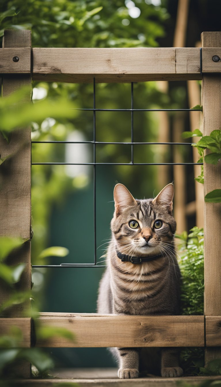 A wooden pallet gate with a latch, surrounded by greenery and a cat peeking through