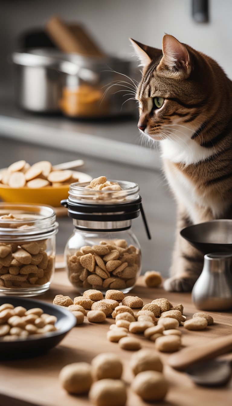 A kitchen counter with ingredients and utensils laid out for making cat treats, with a cat eagerly watching from the side