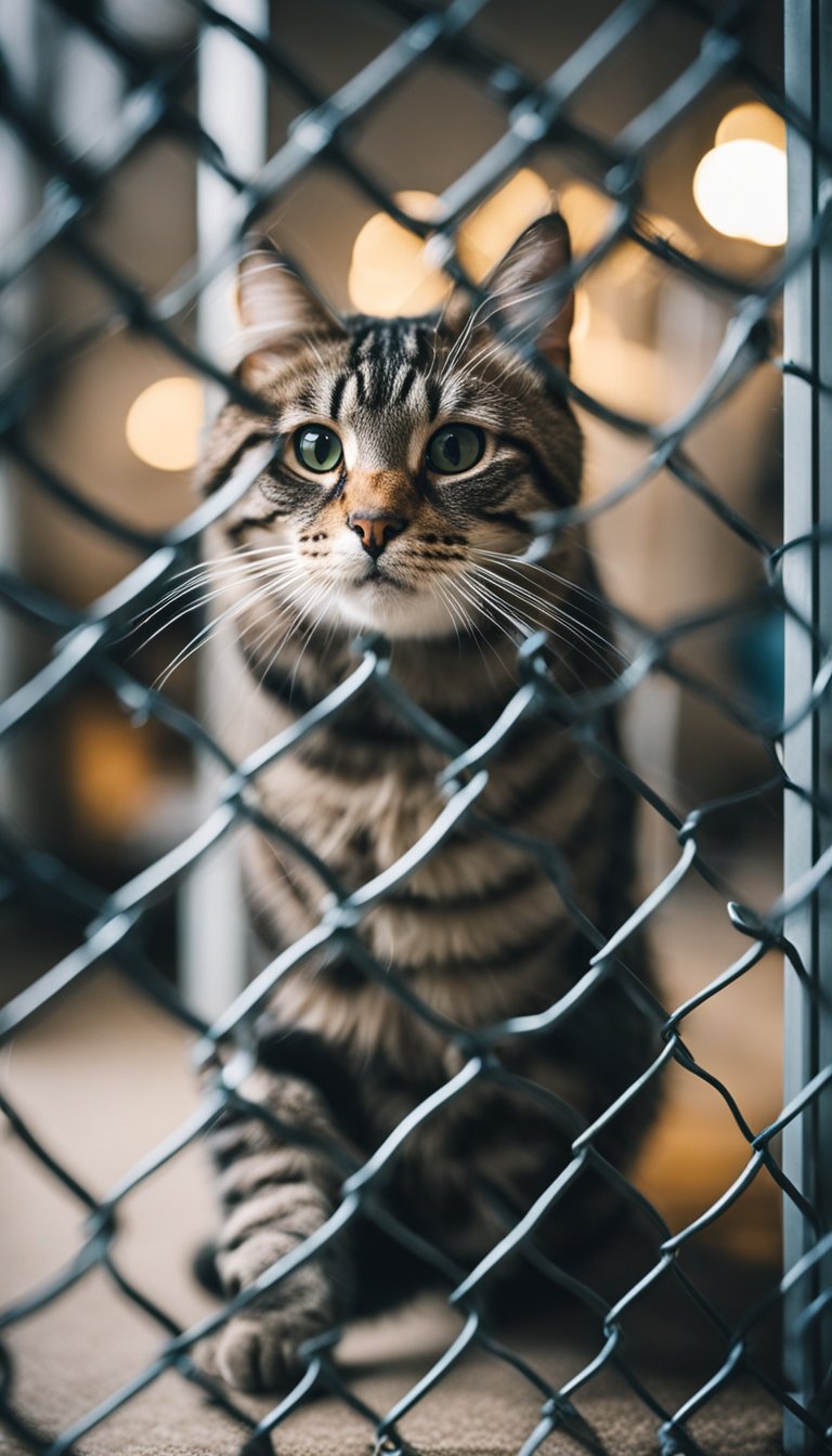 A cat pushes through a mesh and tension rod door, surrounded by DIY gates