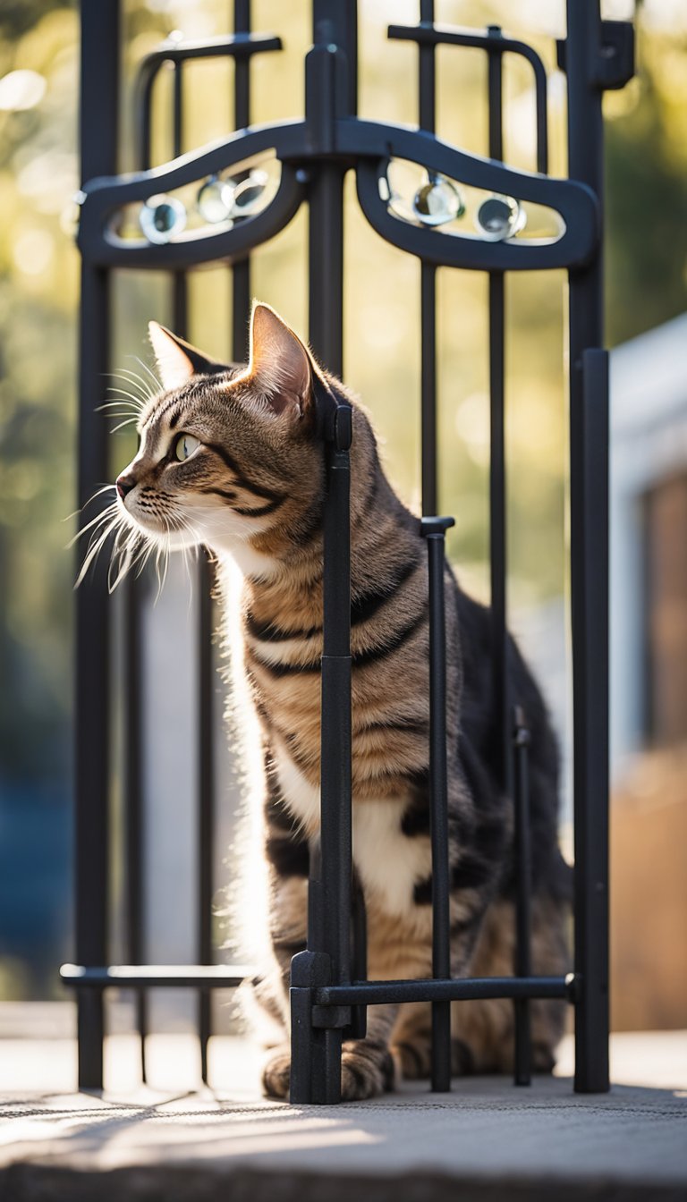 A repurposed crib rail forms a DIY gate for cats, with secure latches and a clear pathway for feline exploration