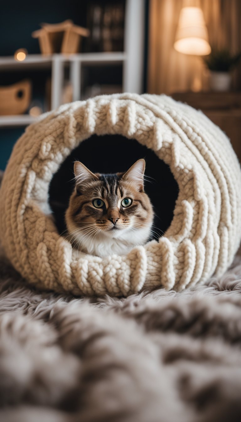 A fluffy cat bed made from a repurposed sweater, with a cozy cushion inside. A cat lounges comfortably, surrounded by toys and a scratching post