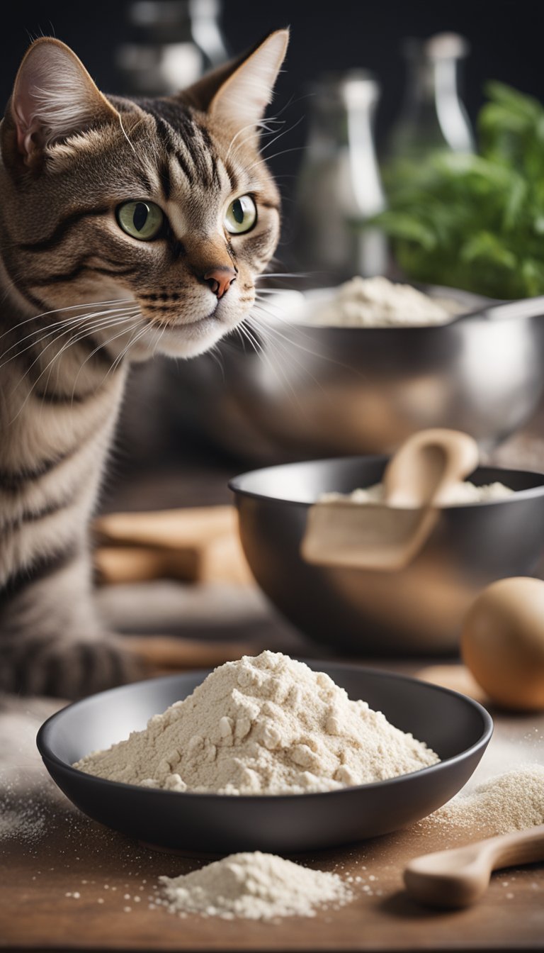 A table with bowls of flour, tuna, and catnip. A rolling pin, cookie cutters, and a mixing bowl. A cat eagerly watching the ingredients