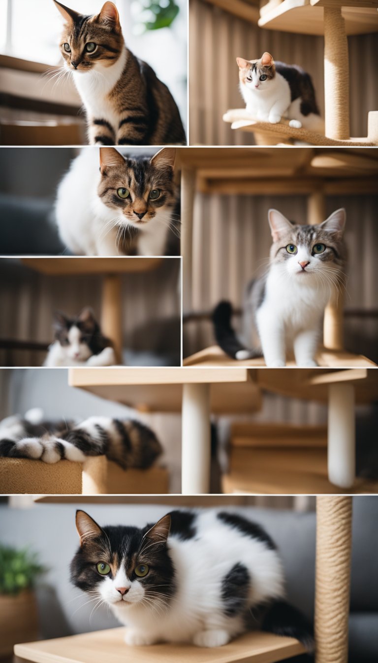 Several cats play and lounge on a variety of homemade cat tree houses, each unique in design and size, scattered throughout a cozy living room