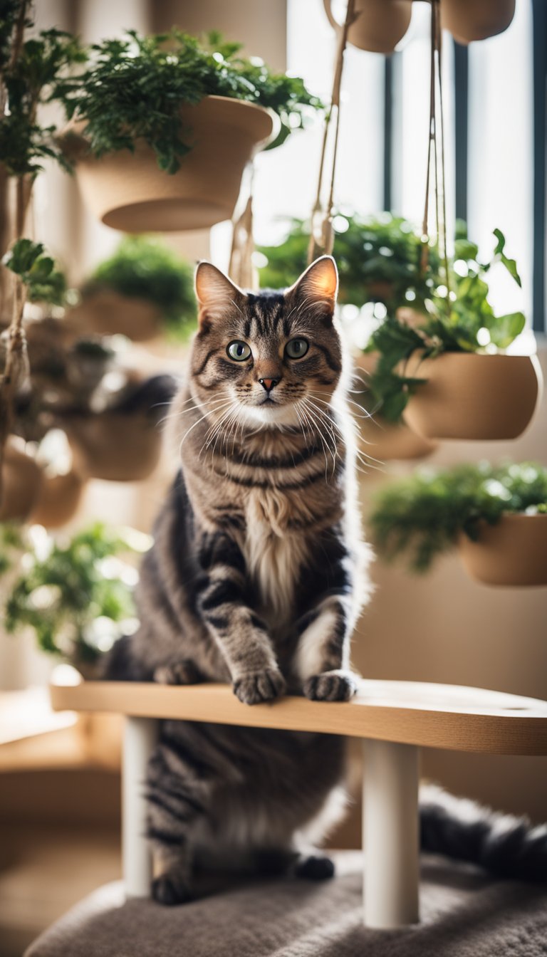 A cat lounges on a wall-mounted tree, surrounded by shelves and platforms, with scratching posts and dangling toys