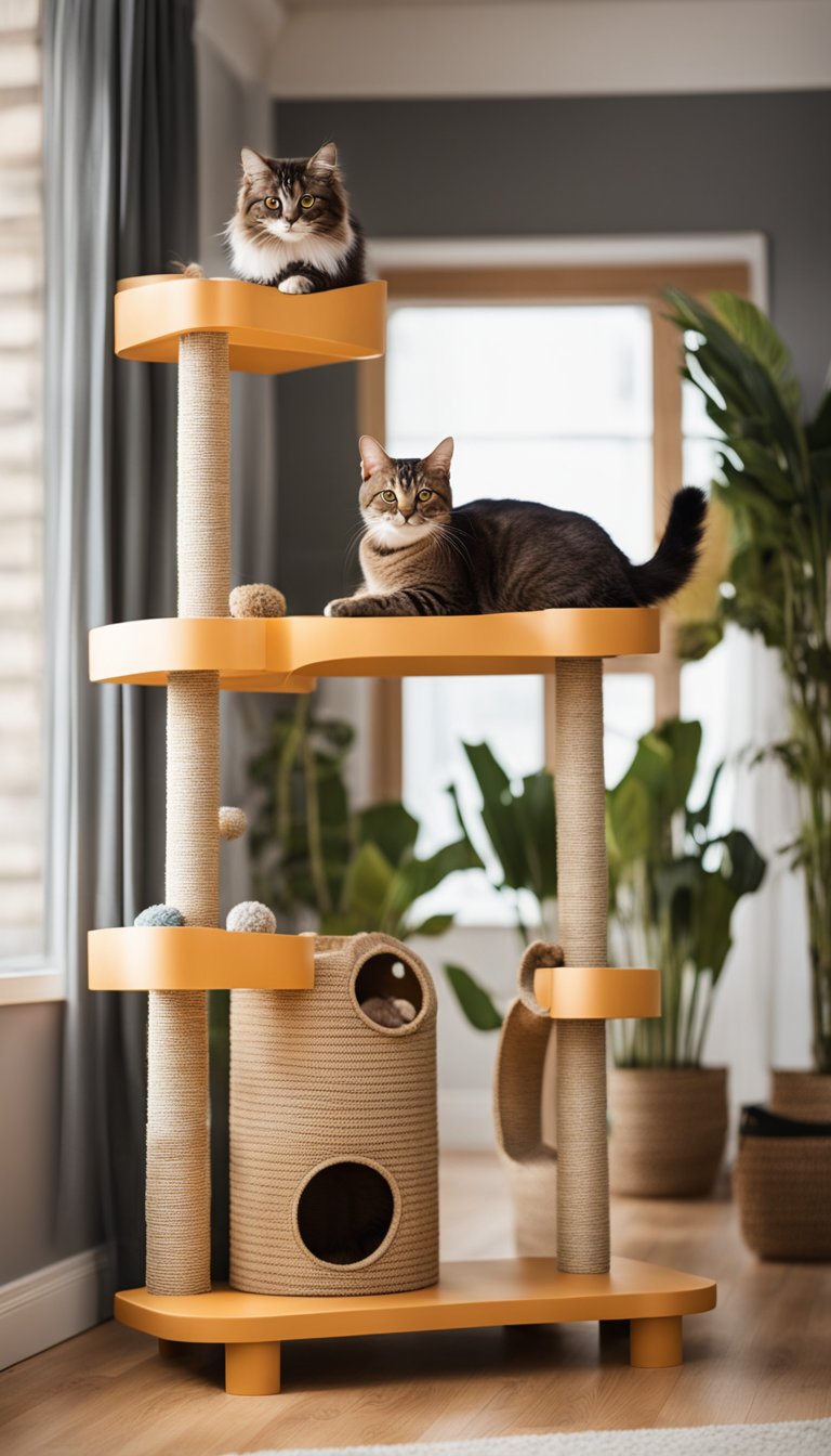 A cat tree with hammocks sits in the corner, surrounded by toys and scratching posts. Cats lounge and play on the various levels