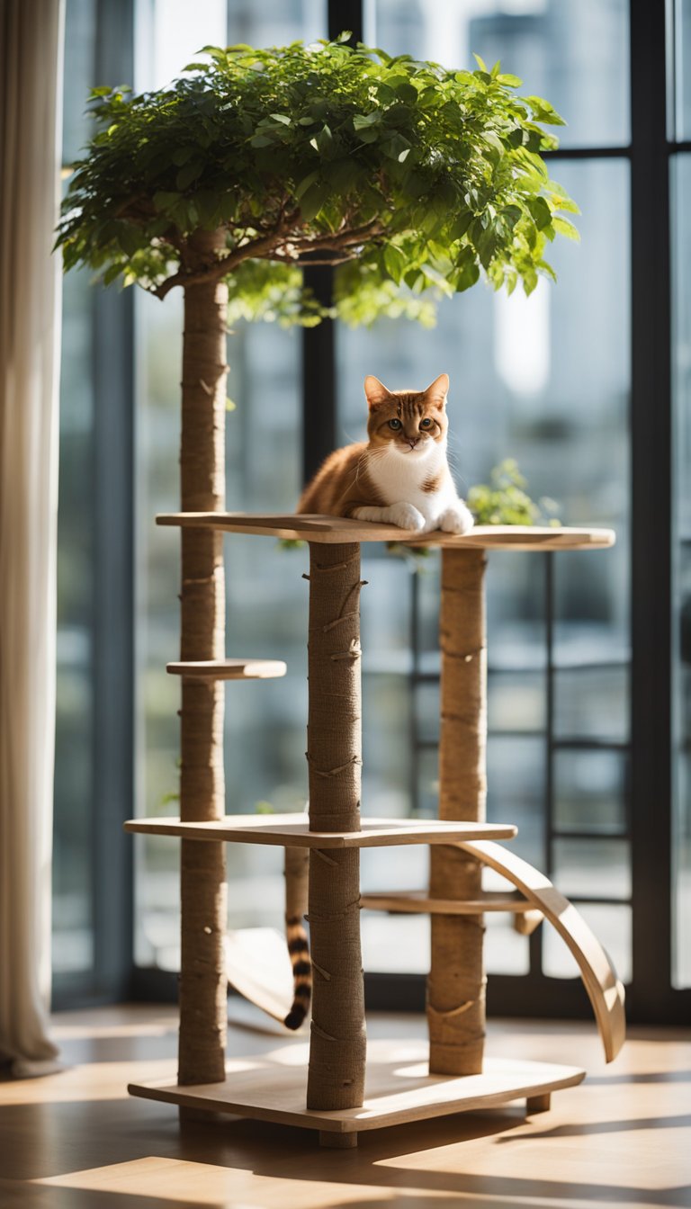 A tall, sturdy cat tree made of natural branches, with multiple platforms and cozy hiding spots for cats to climb and play on