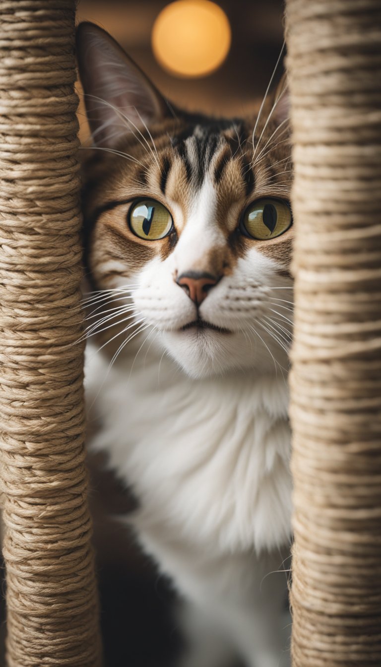 A cat is happily scratching on a sisal-wrapped post, part of a DIY cat tree house with multiple levels and platforms