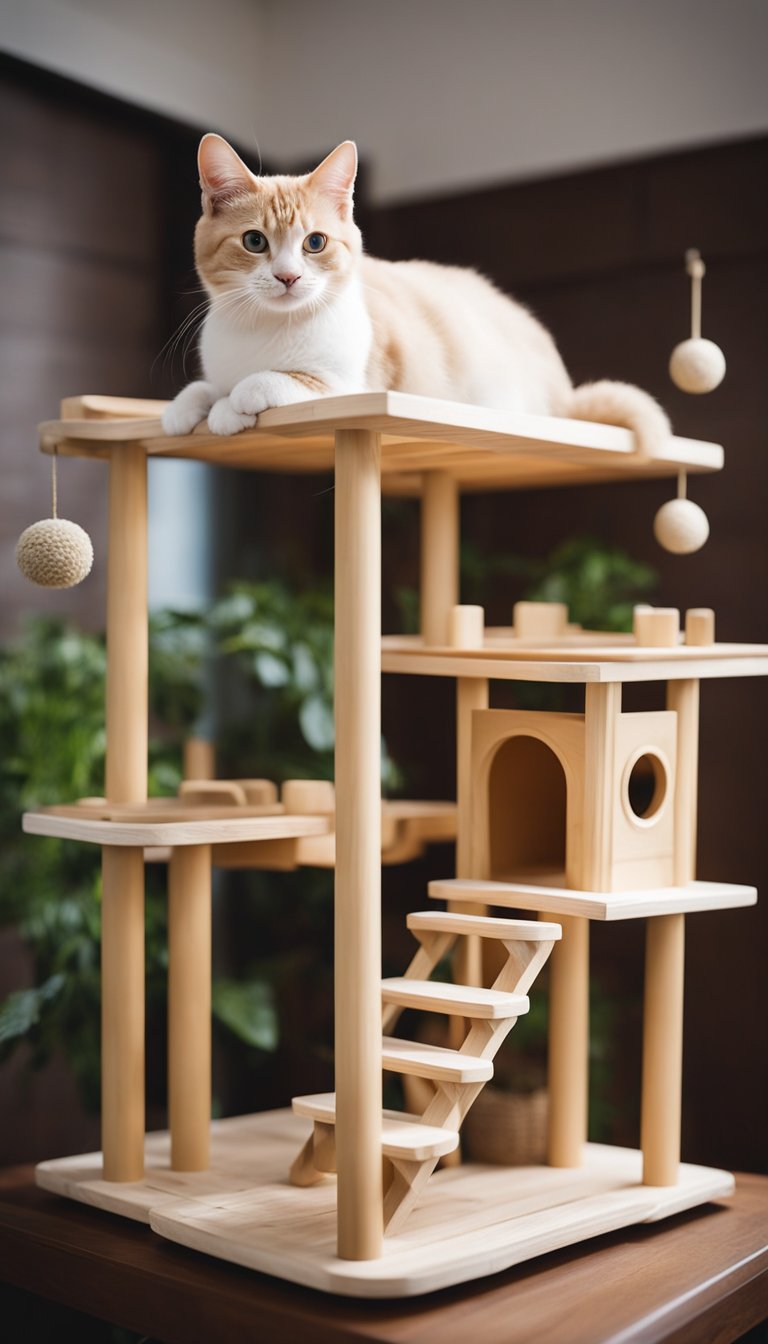 A multi-level play tower stands tall, adorned with various platforms and scratching posts. Cats roam and play on the structure, enjoying the DIY cat tree house