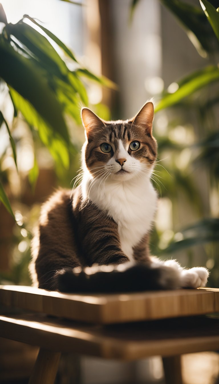 A bamboo cat tree stands in a sunlit room, surrounded by plants and natural materials. A cat lounges on one of the platforms, looking content and relaxed