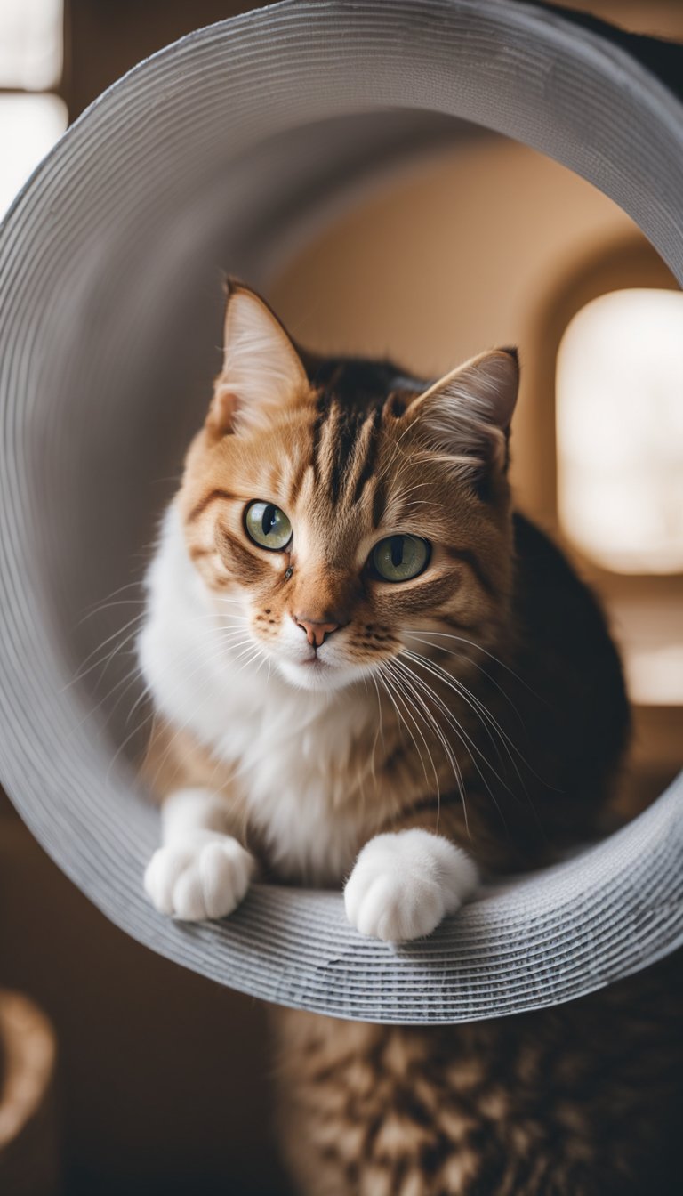 A cat is playing in a PVC pipe tunnel next to a DIY cat tree house