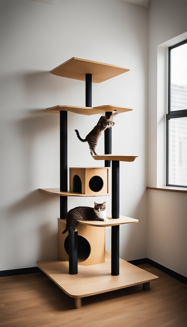 A tall cat tree stands against a wall, with multiple levels and platforms for climbing and lounging. A hidden bed is nestled within the structure, providing a cozy retreat for the feline inhabitants